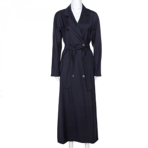 Max Mara Navy Blue Virgin Wool Belted Long Coat M
