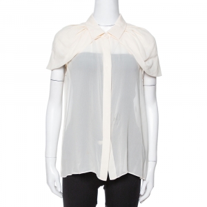 Pre Owned Max Mara Cream Silk Crepe Cape Sleeve Blouse M