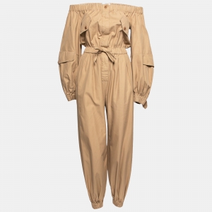 Max Mara Beige Cotton Off-Shoulder Drawstring Waist Jumpsuit S