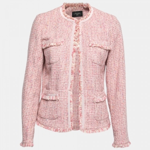 Pre Owned Max Mara Pink Tweed Pocket Detail Fringe Trimmed Jacket M