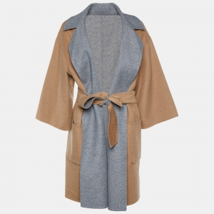 Max Mara Beige & Grey Camel & Wool Reversible Belted Overcoat L