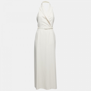 Max Mara Cream Wool Lapeled Belted Midi Dress M