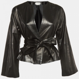 Max Mara Black Leather Front Open Belted Leather Jacket XS