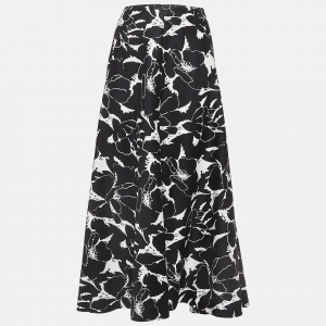 Max Mara Black/White Floral Print Cotton Flared Maxi Skirt XS