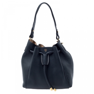 MCM Black Leather Milla Drawstring Shoulder Bag