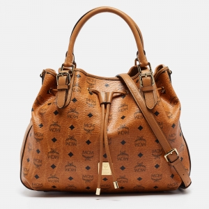 MCM Cognac Visetos Coated Canvas and Leather Drawstring Bag