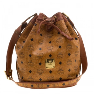 MCM Cognac Visetos Coated Canvas Bucket Bag