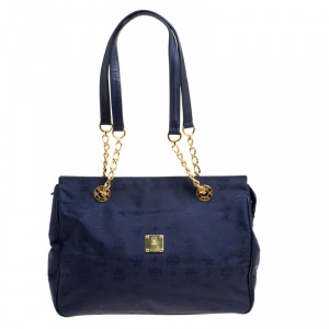MCM Dark Blue Nylon Visetos Chain Tote