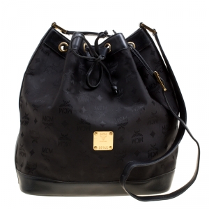 MCM Black Nylon Drawstring Bucket Bag