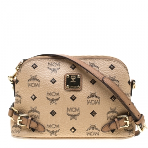 MCM Beige Visetos Coated Canvas Studded Crossbody Bag