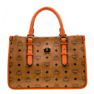 MCM Cognac/Orange Coated Canvas and Leather Double Zip Top Handle Bag