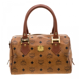 MCM Cognac Visetos Coated Canvas Small Heritage Boston Bag