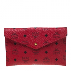 MCM Red Visetos Leather Envelope Clutch