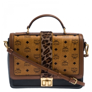MCM Brown Visetos Cognac Coated Canvas and Leather Top Handle Bag