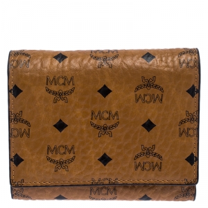 MCM Cognac Visetos Coated Canvas Tri Fold Compact Wallet