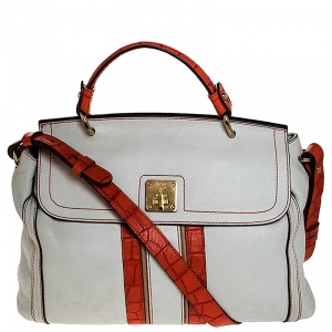 MCM White/Orange Leather and Croc Embossed Leather Top Handle Bag
