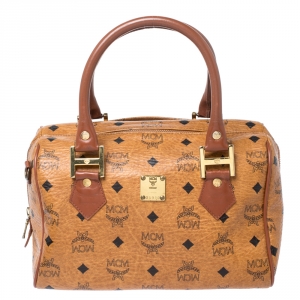 MCM Cognac Visetos Coated Canvas Small Heritage Boston Bag