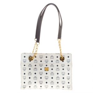 MCM White/Black Visetos Coated Canvas Chain Tote