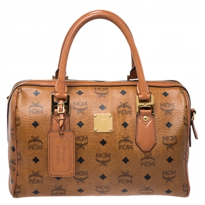 MCM Cognac Visetos Coated Canvas Heritage Boston Bag