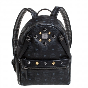 MCM Black Visetos Coated Canvas Medium Studs Stark Backpack