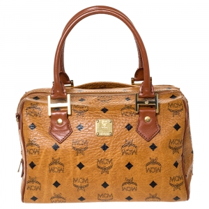 MCM Cognac Visetos Coated Canvas Small Heritage Boston Bag