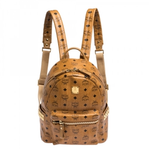 MCM Cognac Visetos Coated Canvas Small Studs Stark Backpack