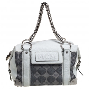Pre Owned MCM White/Grey Printed Canvas and Leather Embossed Logo Pocket Tote
