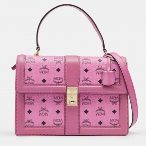 Pre Owned MCM Pink Cognac Viscos Coated Canvas and Leather Top Handle Bag