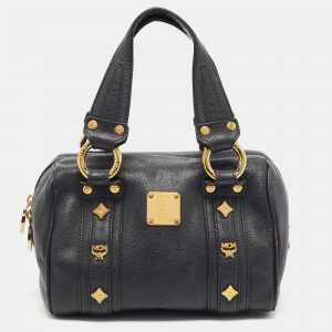 MCM Black Leather Studded Boston Satchel