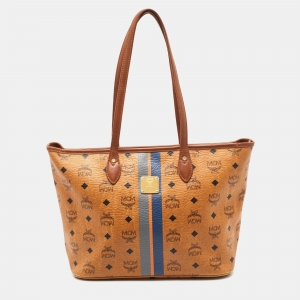 MCM Brown Visetos Coated Canvas and Leather Stripe Tote