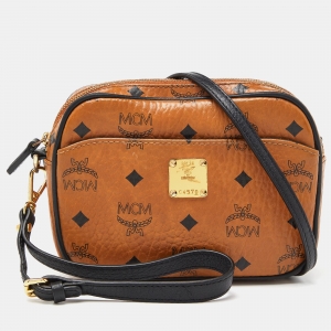 MCM Tan Visetos Coated Canvas and Leather Double Zip Camera Crossbody Bag