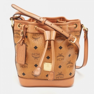 MCM Cognac Visetos Coated Canvas and Leather Mini Drawstring Bucket Bag