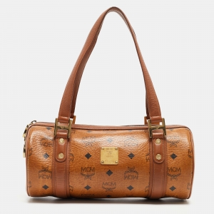MCM Cognac Visetos Coated Canvas and Leather Boston Bag