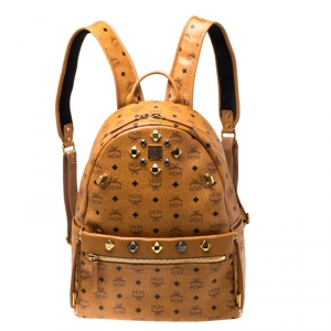 MCM Cognac Visetos Coated Canvas Medium Studs Stark Backpack