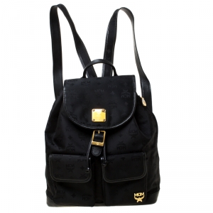 MCM Black Nylon and Leather Drawstring Backpack