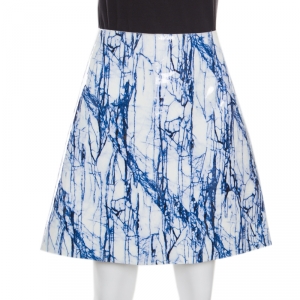 Pre Owned McQ by Alexander McQueen Blue and White Marble Printed Glazed Leather A Line Skirt M