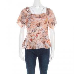 McQ by Alexander McQueen London Doodle Print Frayed Edge Asymmetric Cotton Top M