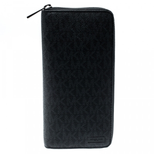 Pre Owned Michael Kors Black Signature Coated Canvas Zip Around Wallet