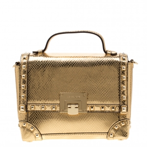 Pre Owned Michael Kors Gold Metallic Snakeskin Embossed Leather Small Tina Trunk Top Handle Bag