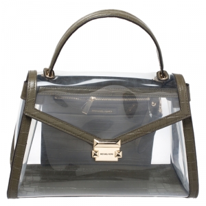 Pre Owned Michael Kors Clear/Olive Green PVC and Croc Embossed Leather Large Whitney Top Handle Bag