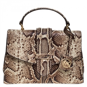 Pre Owned Michael Kors Beige Python Embossed Bleecker Top Handle Bag
