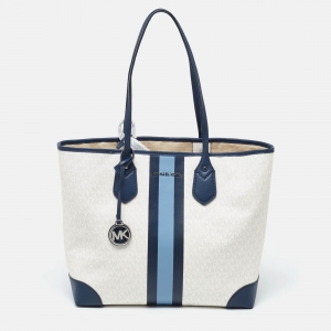 Pre Owned Michael Kors Off White/Blue Signature Coated Canvas and Leather Large Logo Stripe Eva Tote