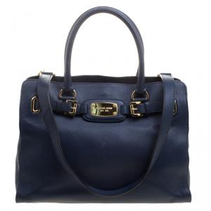Pre Owned Michael Kors Navy Blue Leather East West Hamilton Tote