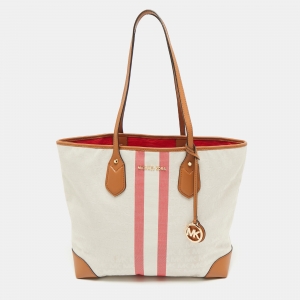 Michael Kors Off White/Brown Signature Canvas Striped Large Eva Tote