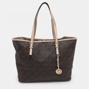 Michael Kors Brown Signature Coated Canvas Jet Set Travel Tote