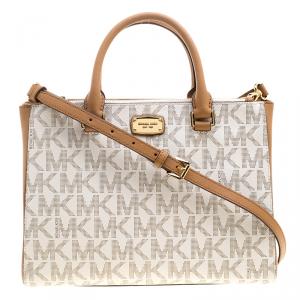 Pre Owned Michael Kors Off White/Brown Signature Coated Canvas Kellen Top Handle Bag