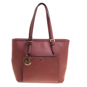 Pre Owned Michael Kors Burgundy Leather Jet Set Snap Pocket Tote