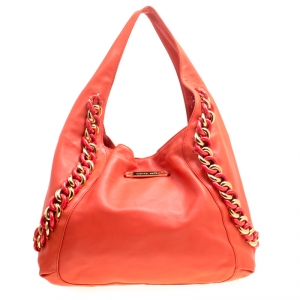 Pre Owned Michael Kors Orange Leather ID Chain Hobo