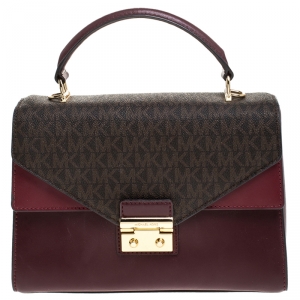 Pre Owned Michael Kors Burgunady/Brown Leather and Coated Canvas Sloan Top Handle Bag