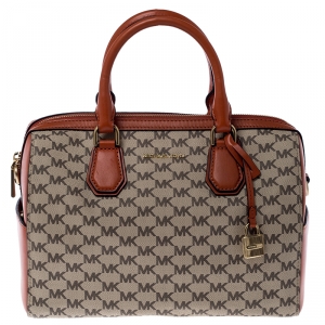  Michael Kors Beige/Orange Signature Coated Canvas and Leather Medium Mercer Duffel Bag